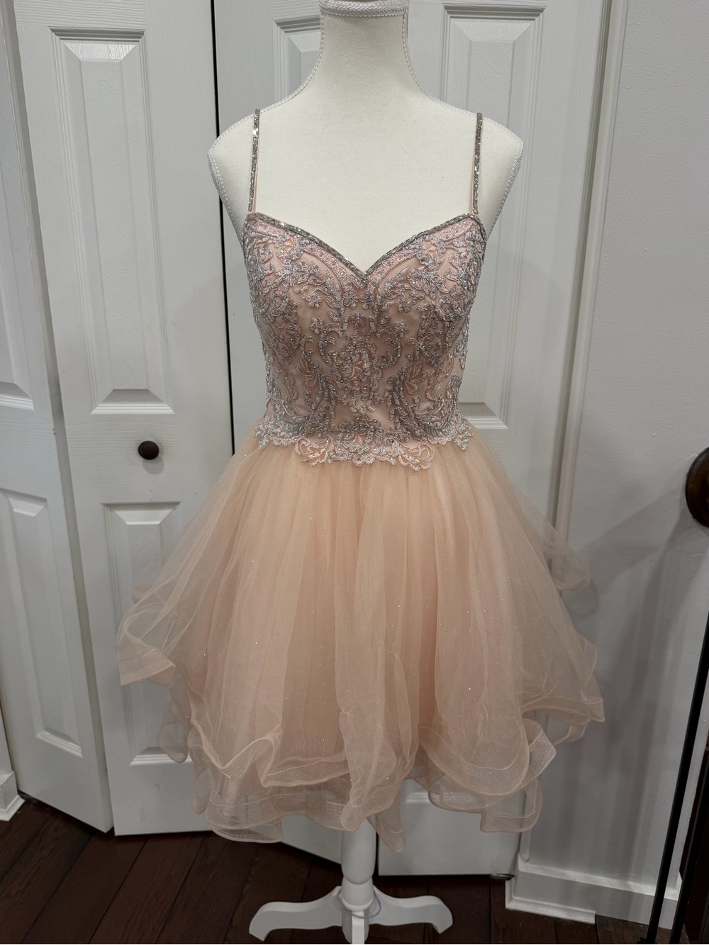 Beaded Spaghetti-Strap Peach Party Dress
